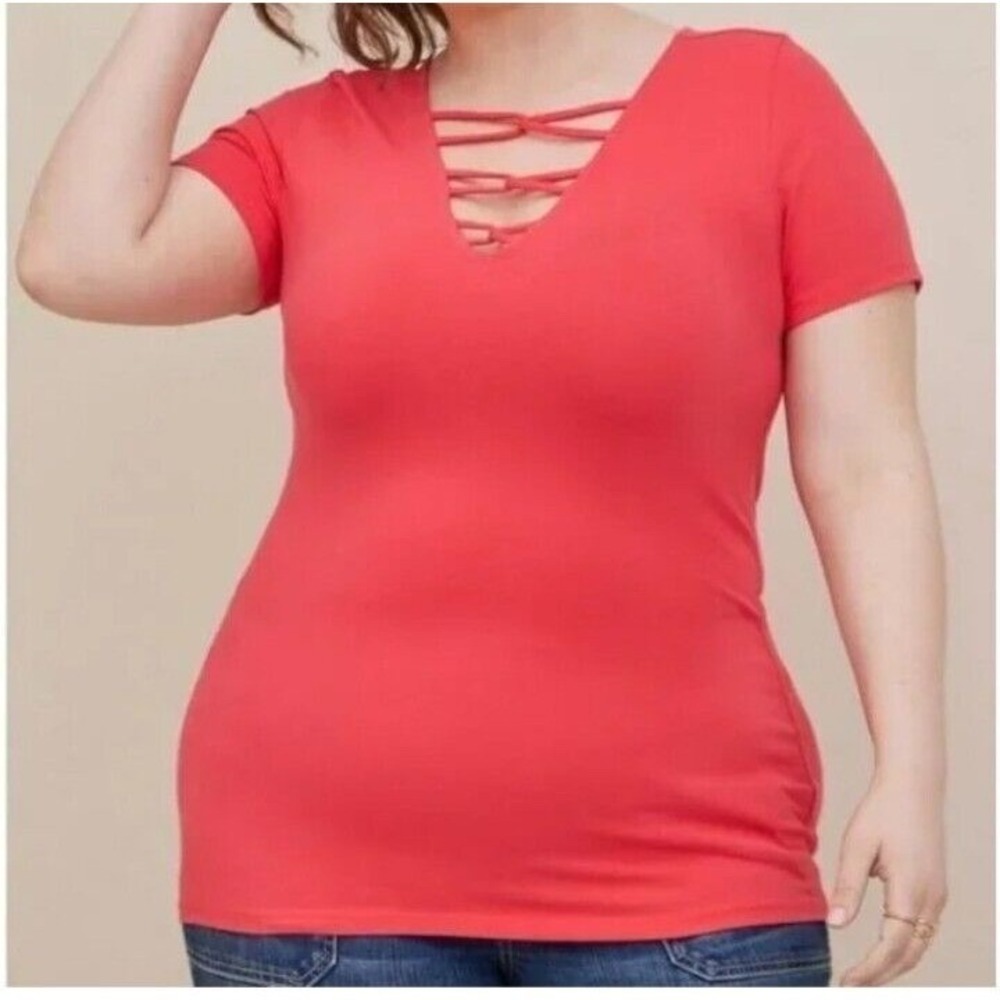 Torrid Foxy Strappy V-Neck Tee Teaberry Pink 3X Cotton Blend